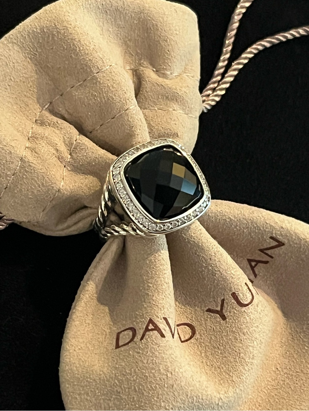 David Yurman 14mm Cushion Cut Black Onyx & Pave Diamonds Albion Ring size 7